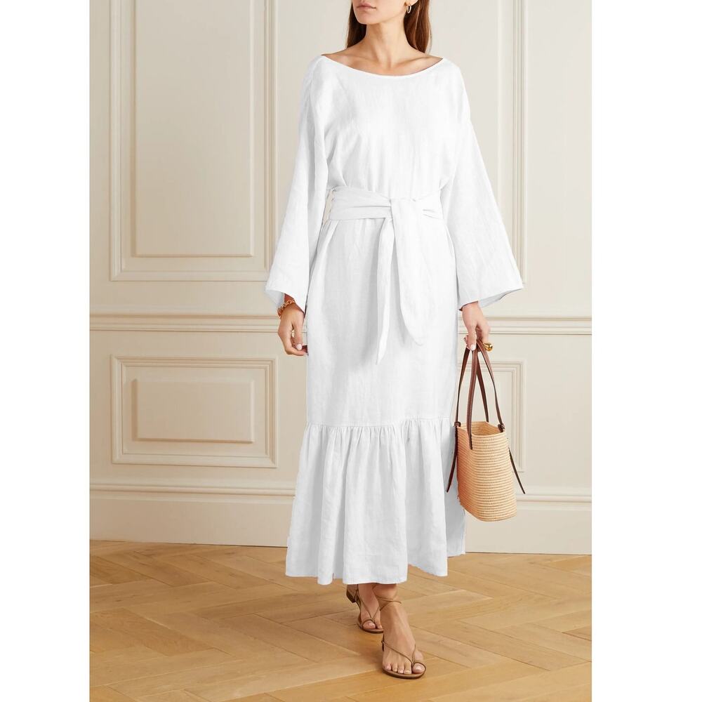 Mara Hoffman Augusta Midi‎ Dress White Tiered Belted Long Sleeve Gauzy Sz M